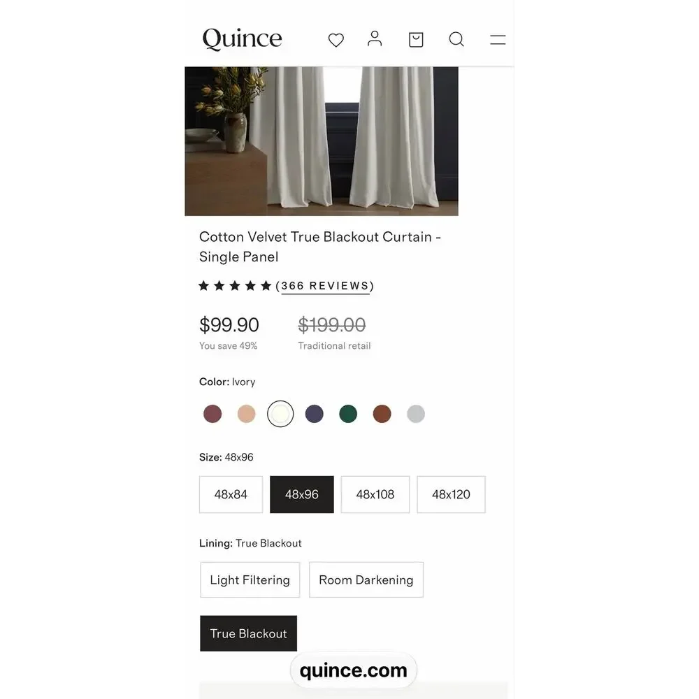 Quince Cotton Velvet True Blackout Curtain  Ivory Single Panel 48x96in NWT